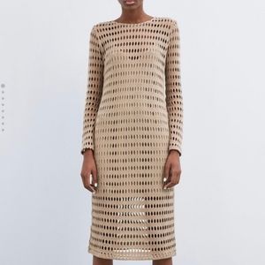 Zara Sand Crochet Long Sleeve Maxi Dress with Slip